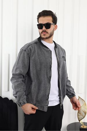 Erkek Oversize Günlük Bomber Jean Antrasit Fermuarlı Kot Ceket