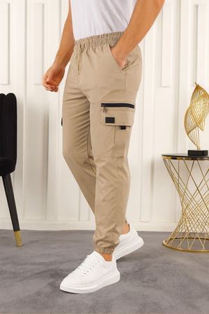 Erkek Kargo Cepli Fermuar Detaylı Jogger Krem Paraşüt Pantolon