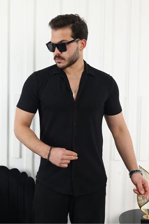 Erkek Kendinden Desenli Kısa Kol Siyah Keten Gömlek