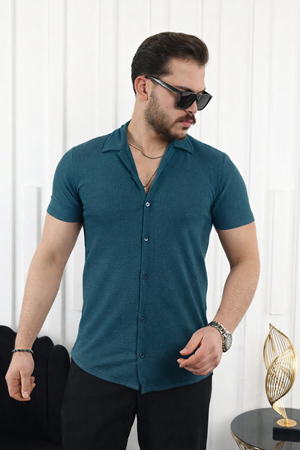 Erkek Kendinden Desenli Kısa Kol Petrol Keten Gömlek