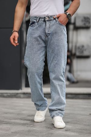 Erkek Bol Paça Basic Yüksek Bel Mavi Baggy Pantolon