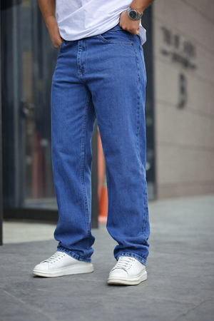 Erkek Bol Paça Basic Yüksek Bel K.Mavi Baggy Pantolon