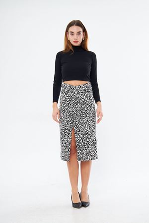 Leopar Desenli Yırtmaçlı Kot Etek