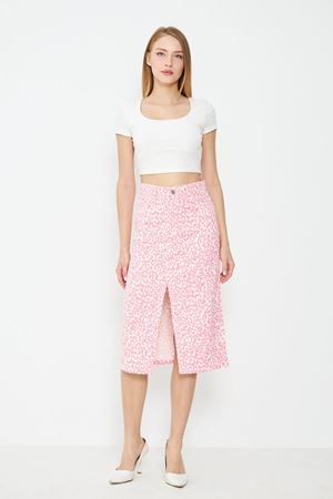 Leopar Desenli Yırtmaçlı Kot Etek