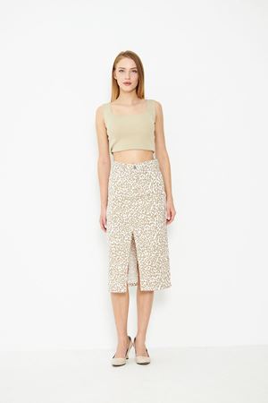 Leopar Desenli Yırtmaçlı Kot Etek