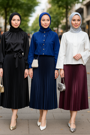 Kadın 3 Lü Paket Basic Pilise Bol Lastikli Uzun Etek