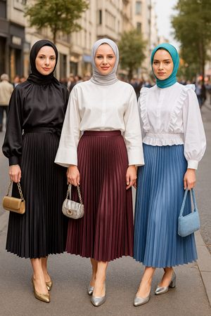 Kadın 3 Lü Paket Basic Pilise Bol Lastikli Uzun Etek