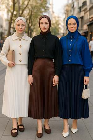 Kadın 3Lü Paket Lastikli Pilise Bol Yazlık Uzun Etek