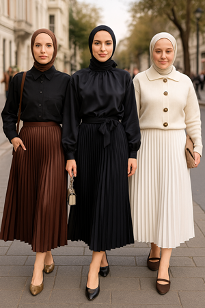 Kadın 3Lü Paket Lastikli Pilise Bol Yazlık Uzun Etek