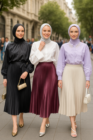 Kadın 3Lü Paket Lastikli Pilise Bol Yazlık Uzun Etek