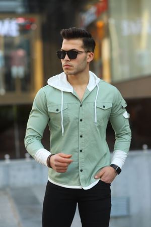 Erkek Slim Fit Penye Kapüşonlu Düğmeli Kot Gömlek