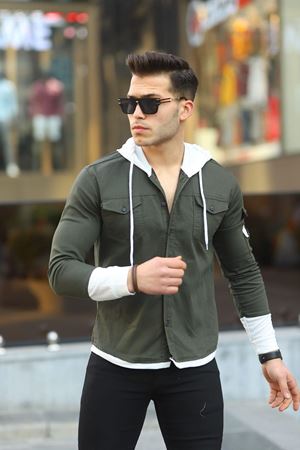 Erkek Slim Fit Penye Kapüşonlu Düğmeli Kot Gömlek