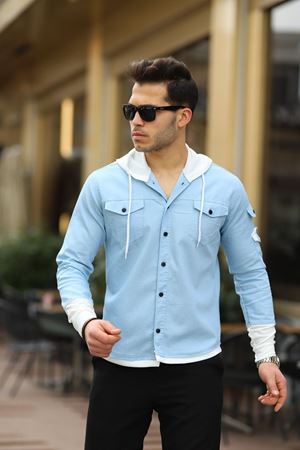 Erkek Slim Fit Penye Kapüşonlu Düğmeli Kot Gömlek