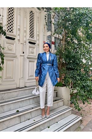 Kadın Taşlı Jakarlı Şık Kemerli Mavi Tonik Ceket