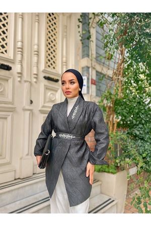 Kadın Taşlı Jakarlı Şık Kemerli Gri Tonik Ceket