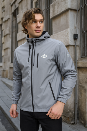 Erkek Astarlı Bol Cepli Gri Rüzgarlık & Yağmurluk