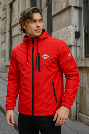 Erkek Astarlı Bol Cepli Kırmızı Rüzgarlık & Yağmurluk