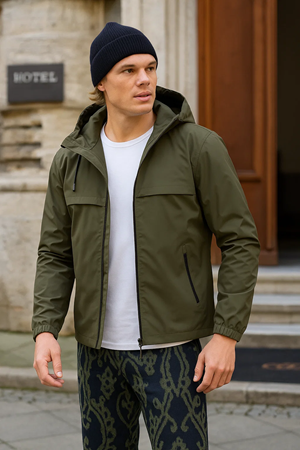 Erkek Astarlı Kapşonlu Haki Rüzgarlık & Yağmurluk