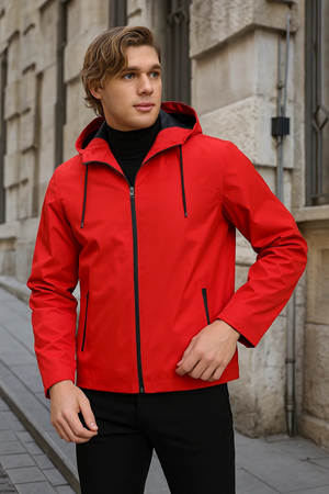 Erkek Astarlı Kapşonlu Kırmızı Rüzgarlık & Yağmurluk