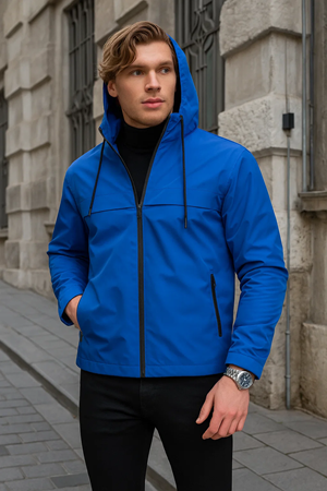 Erkek Astarlı Kapşonlu Mavi Rüzgarlık & Yağmurluk