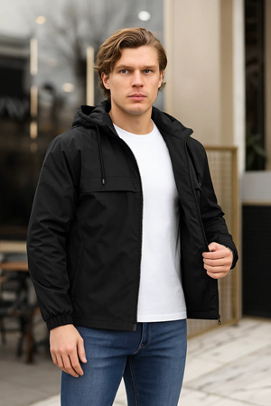 Erkek Astarlı Kapşonlu Siyah Rüzgarlık & Yağmurluk