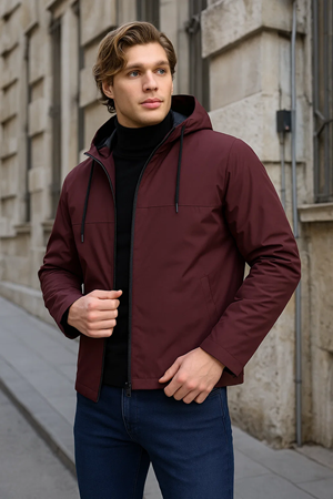 Erkek Astarlı Kapşonlu Bordo Rüzgarlık & Yağmurluk