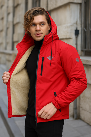 Erkek Dar Kırmızı İçi Peluş Kürk Rüzgarlık & Yağmurluk