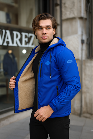 Erkek Dar Mavi İçi Peluş Kürk Rüzgarlık & Yağmurluk