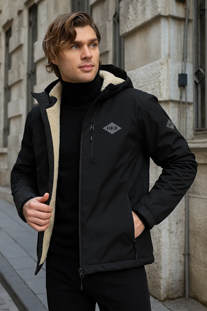 Erkek Dar Siyah İçi Peluş Kürk Rüzgarlık & Yağmurluk