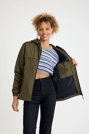 Kadın Astarlı Kapşonlu Haki Rüzgarlık & Yağmurluk