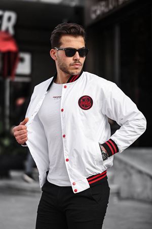 Erkek Baskılı Kapşonlu Beyaz Kolej Rüzgarlık & Yağmurluk