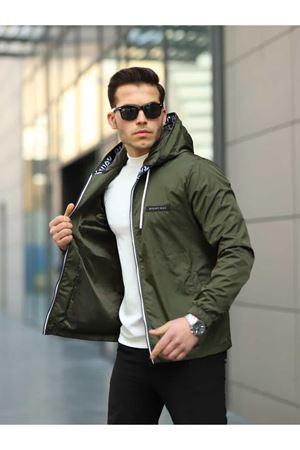 Erkek Fermuarlı Kapşonlu Haki Rüzgarlık & Yağmurluk