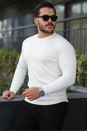 Erkek Bisiklet Yaka Uzun Kollu Beyaz Triko Kazak