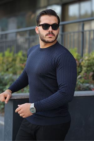 Erkek Bisiklet Yaka Uzun Kollu Lacivert Triko Kazak