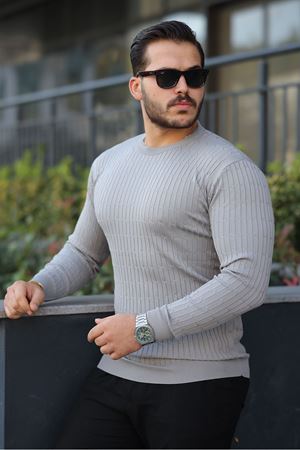 Erkek Bisiklet Yaka Uzun Kollu Gri Triko Kazak