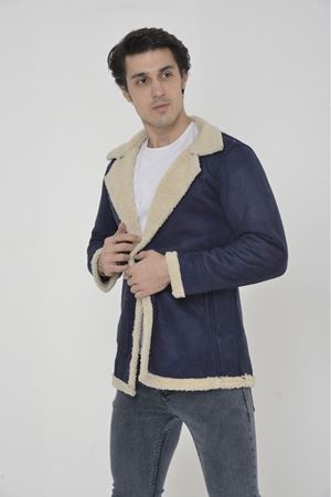 Erkek Kışlık Cepli Kruvaze Kürklü Lacivert Süet Ceket