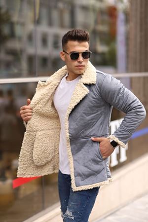 Erkek Kışlık Cepli Kruvaze Kürklü Gri Süet Ceket