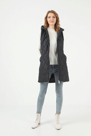 Kadın Kışlık Uzun Kapşonlu Siyah Kapitone Şişme Yelek