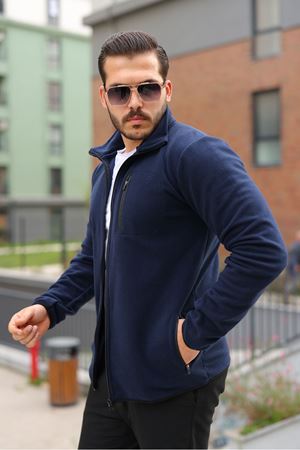 Erkek Kışlık Trend Fermuarlı Cepli Lacivert Polar Hırka