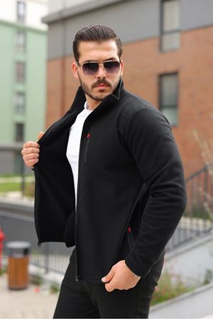 Erkek Kışlık Trend Fermuarlı Cepli Siyah Polar Hırka