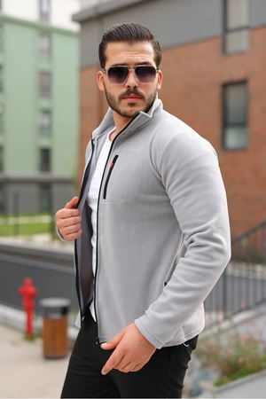 Erkek Kışlık Trend Fermuarlı Cepli Gri Polar Hırka