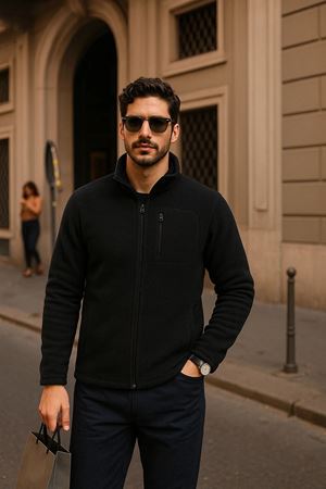 Erkek Kışlık Cepli Basic Fermuarlı Siyah Polar Ceket