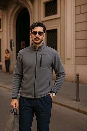 Erkek Kışlık Cepli Basic Fermuarlı Füme Polar Ceket