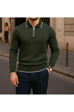 Erkek Fermuarlı Haki Uzun Kollu Polo Yaka Triko Kazak