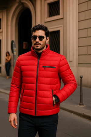 Erkek Comfort Fermuarlı Günlük Kışlık Kırmızı Şişme Mont