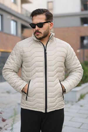 Erkek Kışlık Fermuarlı Günlük Kapitone Krem Şişme Mont