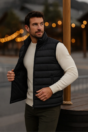 Erkek Astarlı Kışlık Cepli Fermuarlı Siyah Şişme Yelek