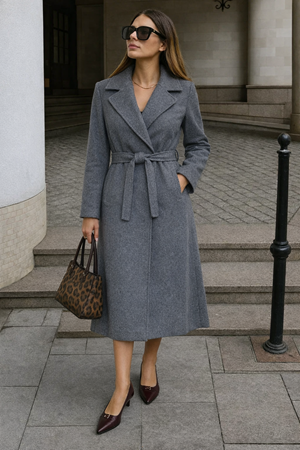 Kadın Kışlık Kuşaklı Uzun Kruvaze Füme Kaşe Kaban