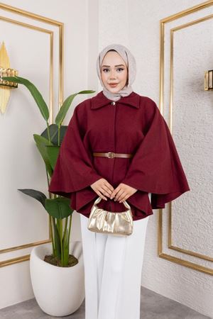 Kadın Kışlık Trend Kemerli Bordo Kaşe Kısa Kaban