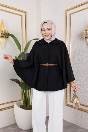 Kadın Kışlık Trend Kemerli Siyah Kaşe Kısa Kaban